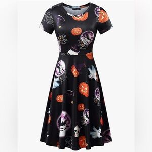 Halloween Themed Black Dress with Pumpkins and Skulls